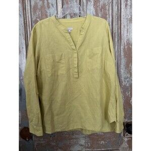 Talbots Womens Henley Neck Roll Tab Sleeve Linen Yellow/Mustard Blouse Top XL